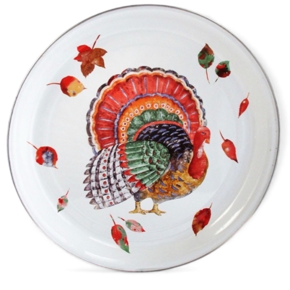 Holiday Turkey Tray Enamel VTG Hallmark  Platter Round Enamel Serving Dish